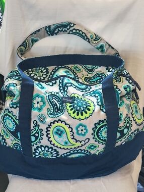 Thirty-One Retro Metro Paisley Canvas Travel Duffel Bag in Teal and Navy